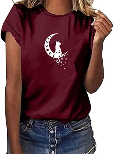 A nők Aranyos Grafikus póló Sleeve Rövid Ujjú Nyári Alkalmi Aranyos Macska, a Hold Nyomtatás Póló Maximum